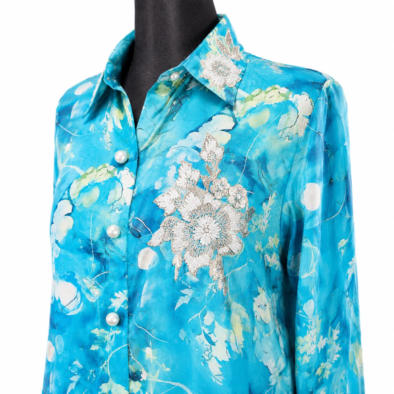 Sky Blue Floral Printed Shirt with Embroidered Accents